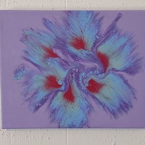Hand made 8"x10"x1/2" pour painting flower using purple, lavender, and blue